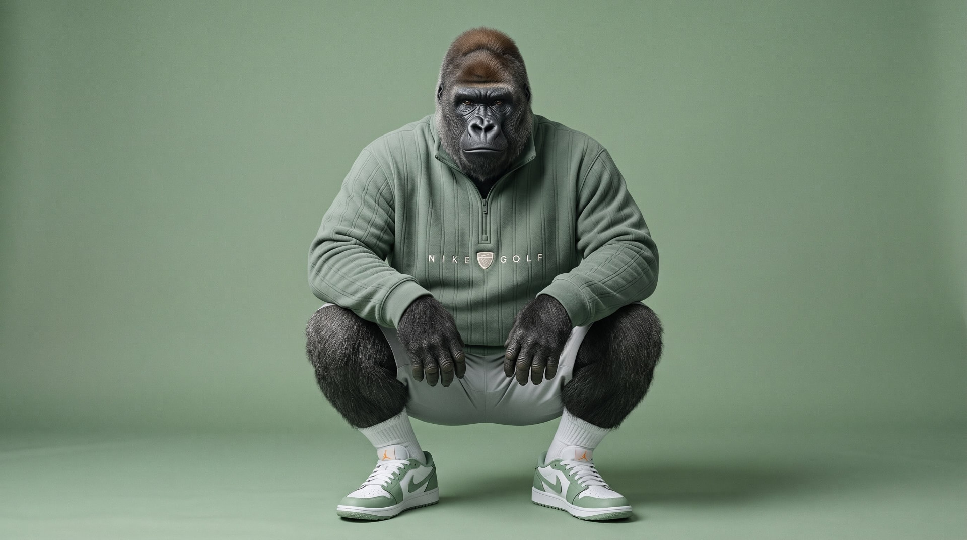 Bud, a giant grizzled gorilla in a sage green Nike Golf half-zip, crouched against a muted backdrop