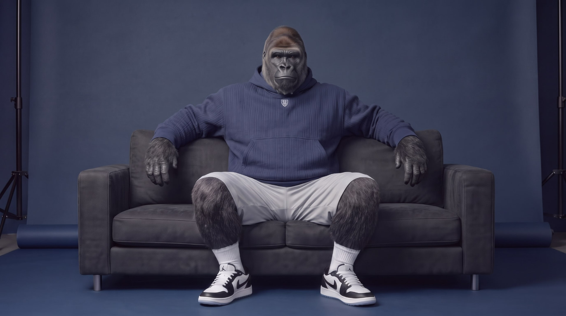 Bud the gorilla in a navy hoodie, relaxed on a couch and ready to talk sports